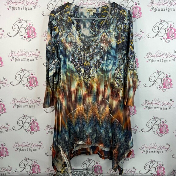 ONE WORLD Tops - ONE WORLD dress assymetrical hem fairy rhinestone Embellishments tie dye floral